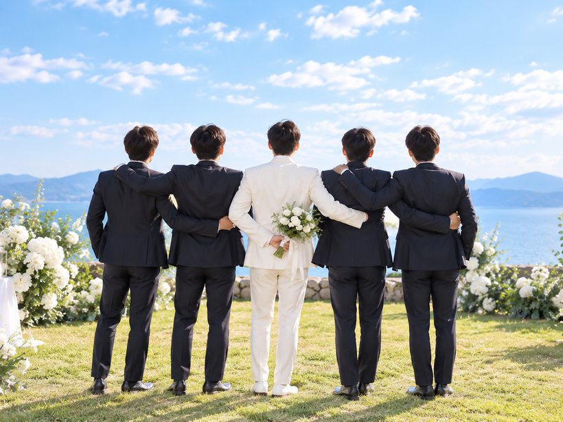 바다를 향한 신랑과 친구들